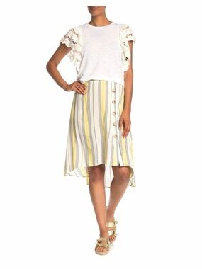 june & hudson Yellow, Cream and Gray Striped High-Low Button Skirt